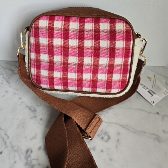 Shiraleah, New, Mirabel Camera Crossbody Purse Pink Plaid Sherpa Flannel Bag - Picture 7 of 13